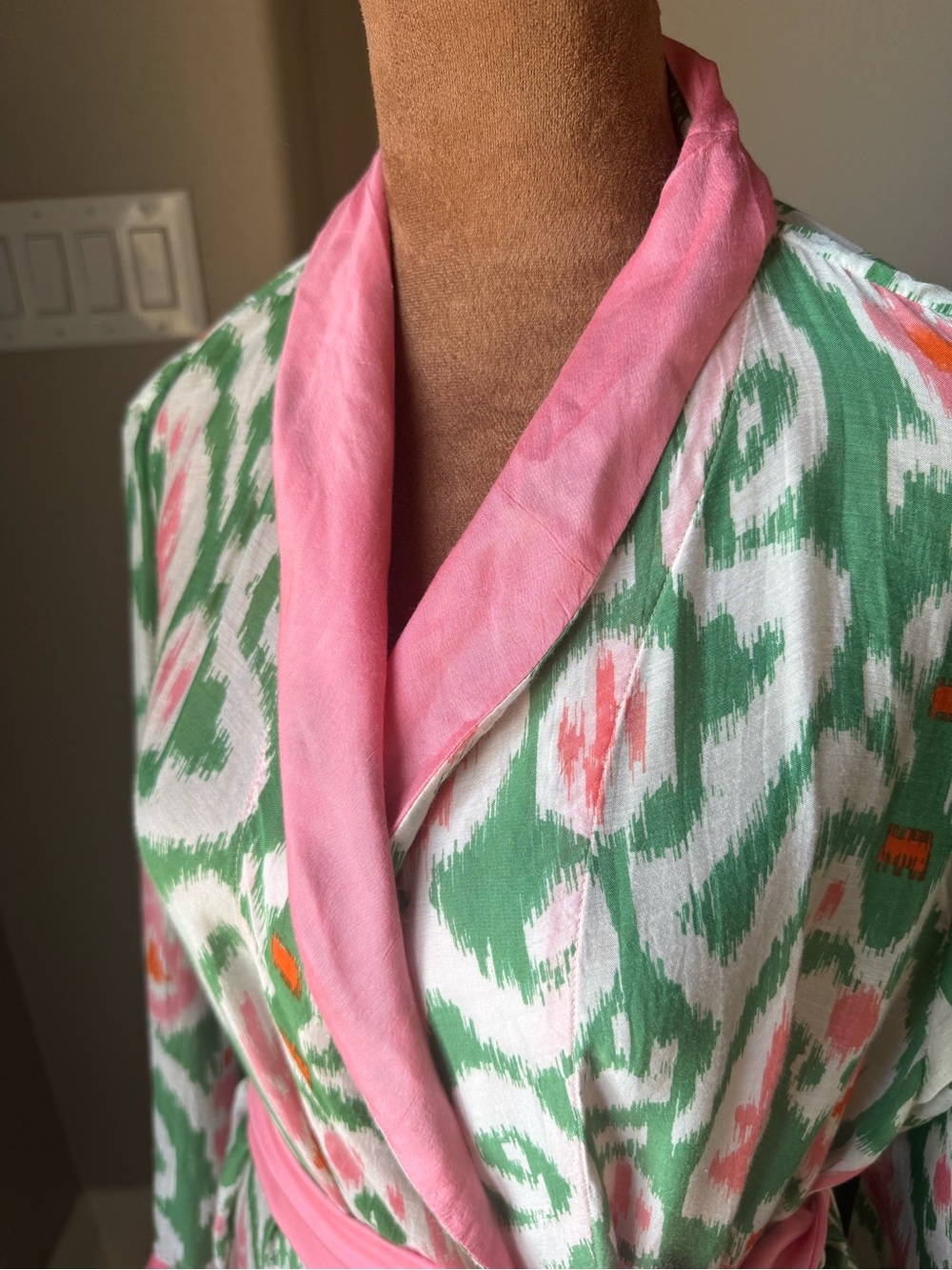 One Hundred Stars Ikat Robe Kimono Duster Pink Green Belted Modal Viscose OS - Picture 2 of 13